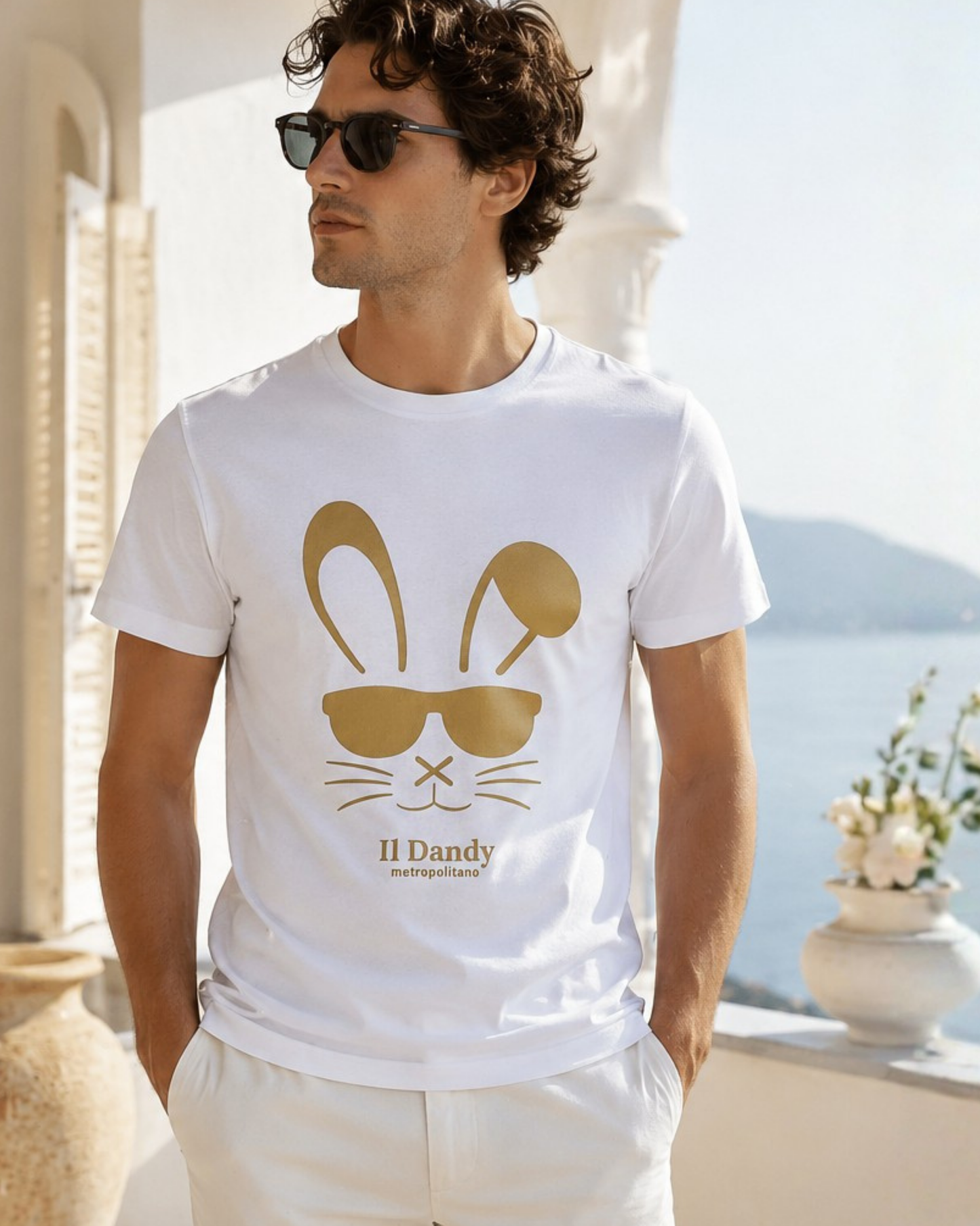 T-shirt Uomo Bianca "Il Dandy Metropolitano" - Grafica Coniglio con Occhiali Oro