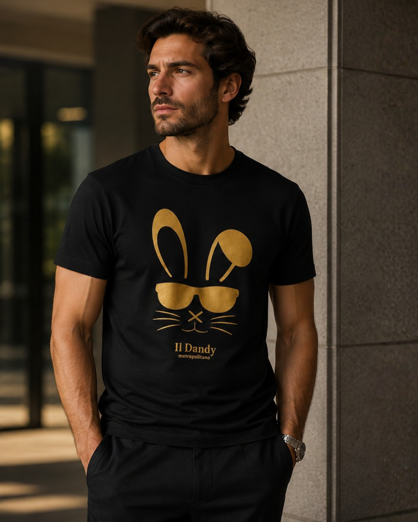 T-shirt Nera "Il Dandy Metropolitano" con Grafica Coniglio Occhiali da Sole Oro