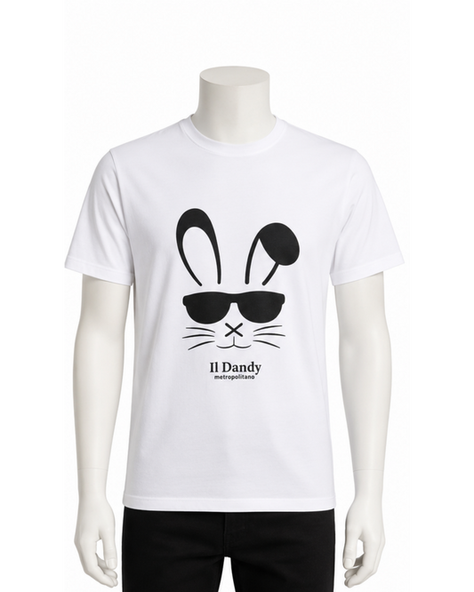T-shirt Uomo Bianca "Il Dandy Metropolitano" - Grafica Coniglio con Occhiali Nera