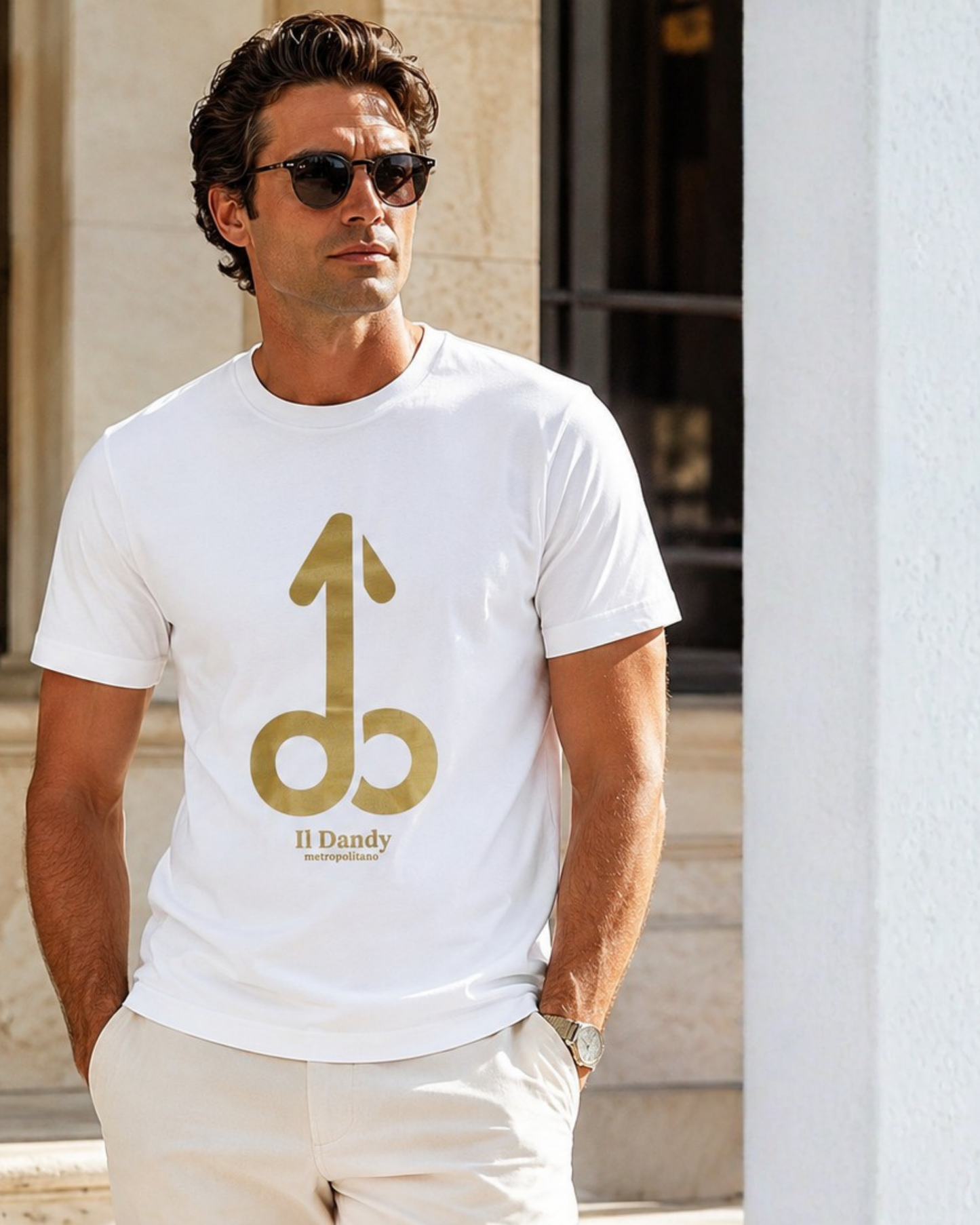 T-shirt Uomo Bianca "Il Dandy Metropolitano" - Maxi Logo Iconico Oro