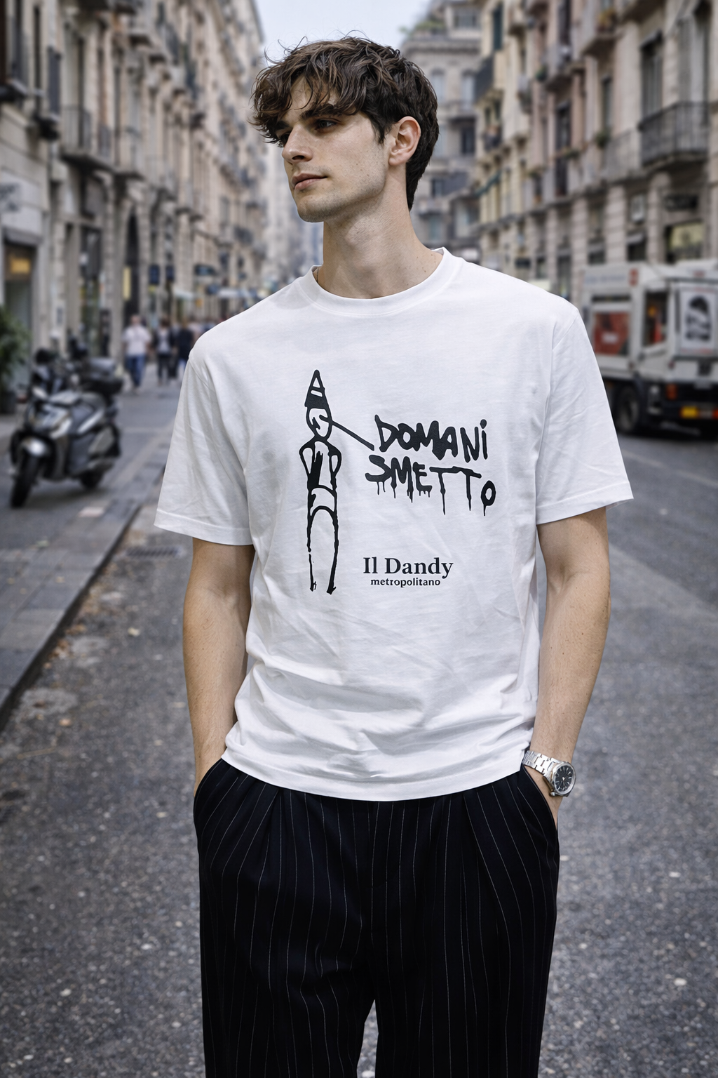 T-Shirt Bianca “Domani Smetto” – Il Dandy Metropolitano