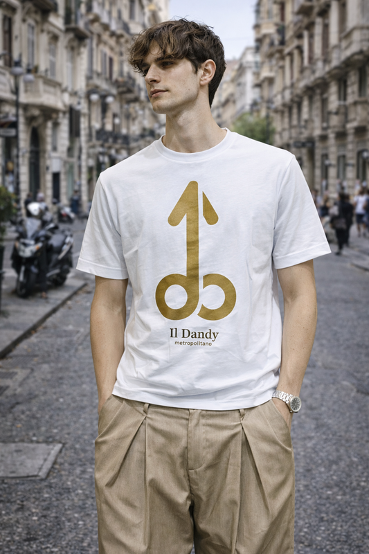 T-Shirt Bianca con Logo Oro “Il Dandy Metropolitano” – Stile Urban Luxury
