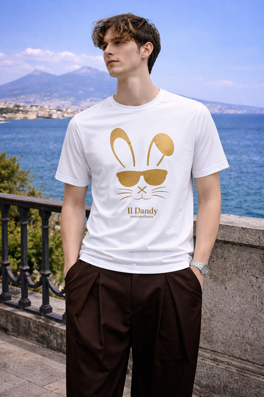 T-Shirt Nera“Il Dandy Metropolitano” con Stampa Coniglio Oro